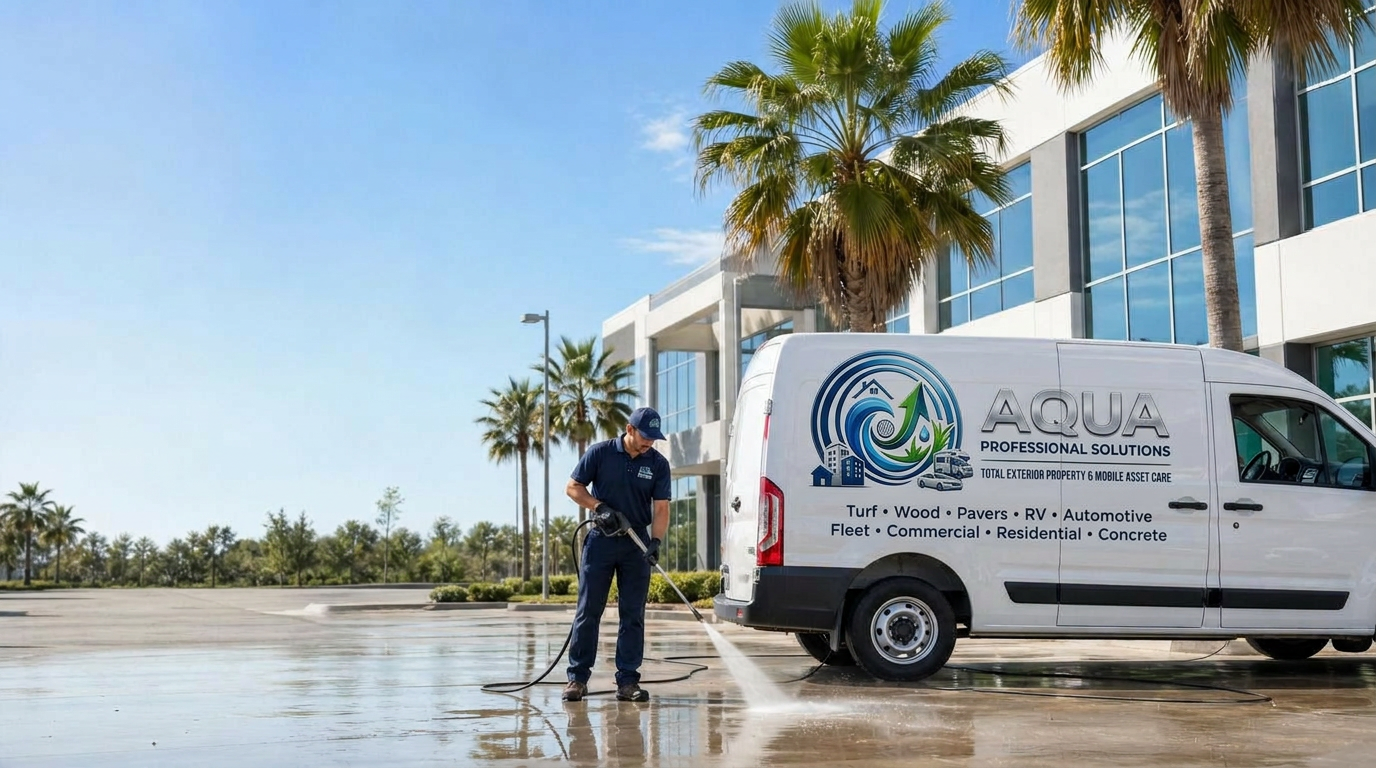 Aqua Professional Services technician pressure washing a modern commercial building exterior