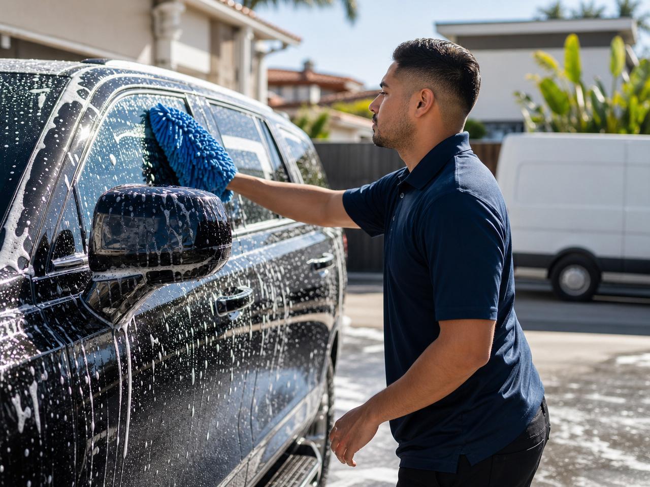 Professional hand washing and detailing a personal vehicle